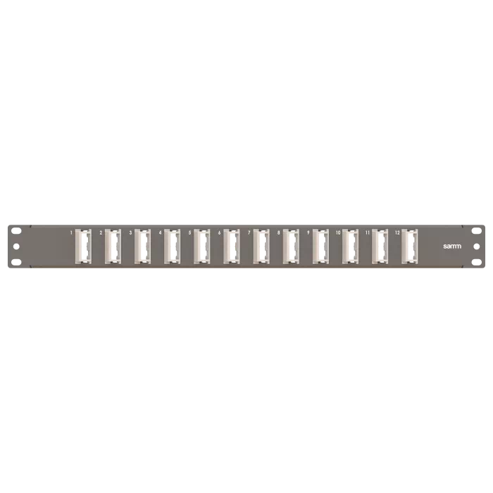 19” 1U, FP7 12 Angled Duplex , Front Panel Frame for Fiber Adapters, Empty, Black