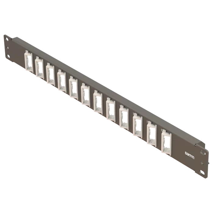 19” 1U, FP7 12 Angled Duplex , Front Panel Frame for Fiber Adapters, Empty, Black