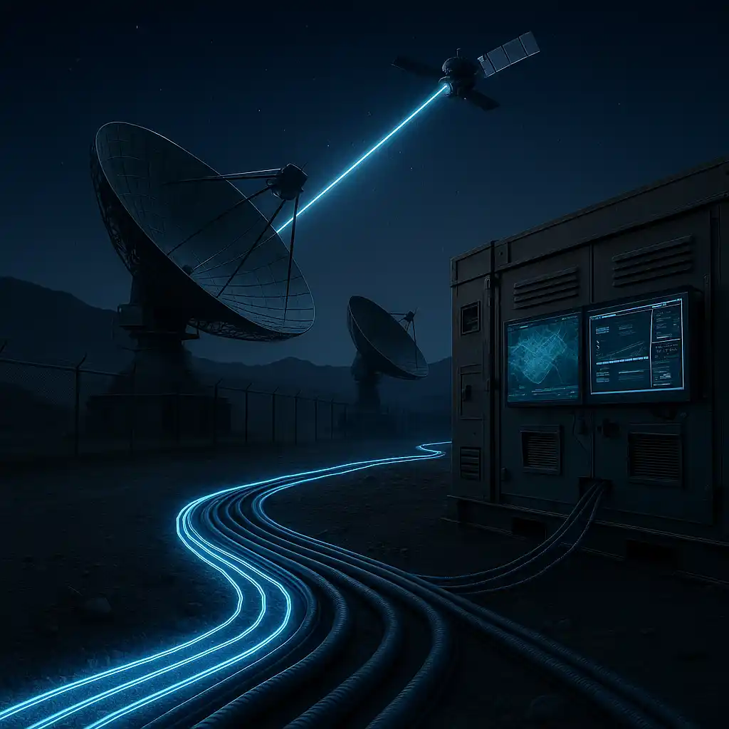 Askerî bir uydu yer istasyonunda, uzaydan gelen yüksek bant genişlikli veri akışı, fiber optik altyapı sayesinde gecikmesiz ve güvenli şekilde komuta merkezine aktarılıyor.
