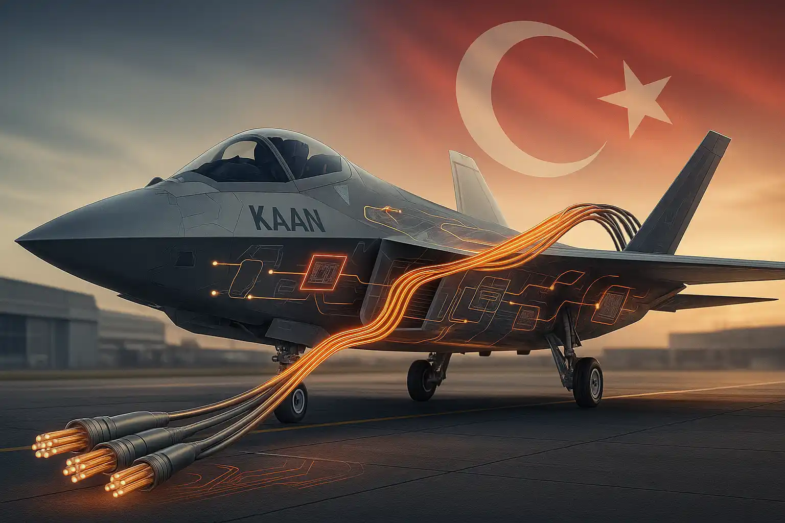 Türkiye’nin 5. nesil savaş uçağı KAAN'ın içinde, uçuş kontrol ve silah sistemleri arasında yüksek hızlı veri iletimi sağlayan yerli üretim fiber optik kablolar entegre şekilde çalışıyor.